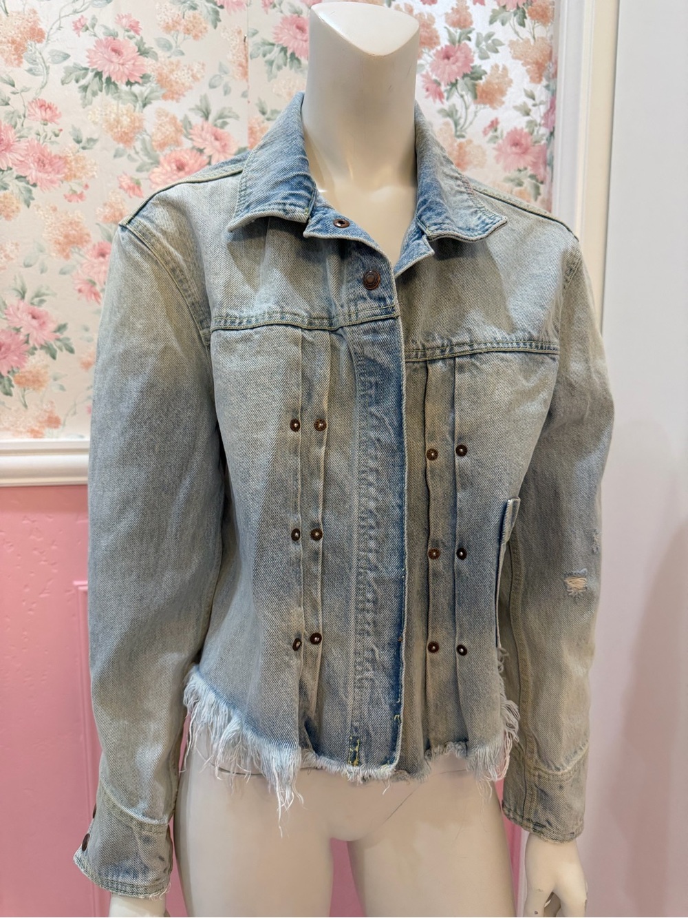 Free People Light Blue Distressed Denim Jacket with Stud Accents